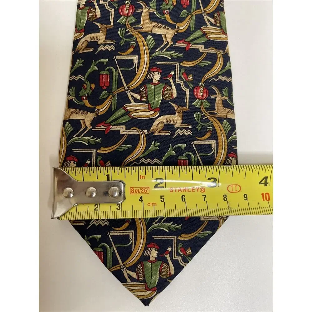 Salvatore Ferragamo Silk Tie Mens Blue Red Abstract Deer Hunter Print Pointed